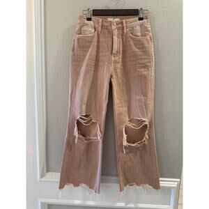 Vintage-Inspired Pink Wide Leg Jeans with Knee Rips